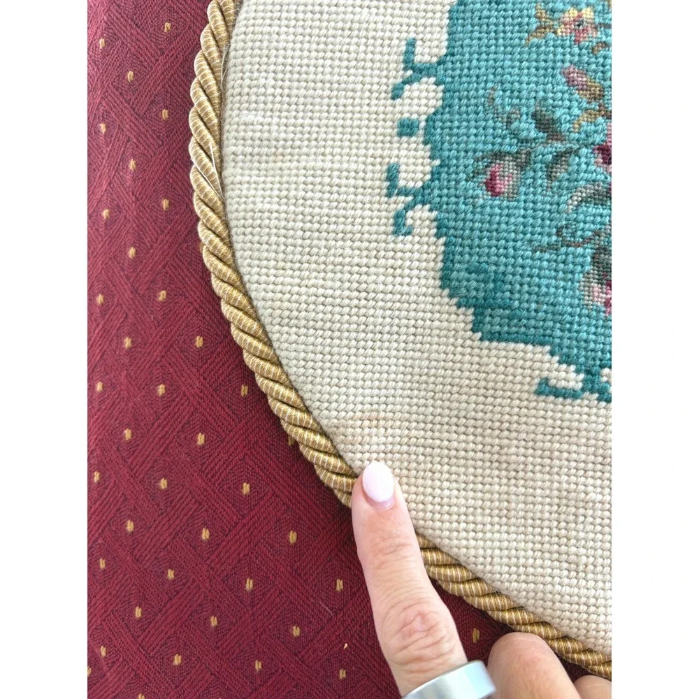 Vintage Needlepoint Floral Throw Pillow Burgundy Red Gold Rope Trim 20x20